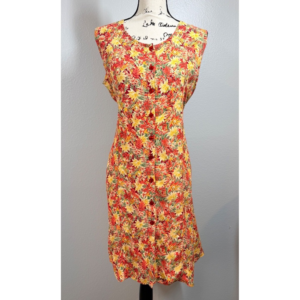 90's Botanical Butter Mom Floral Dress Women L Buttons Tie Back Midi